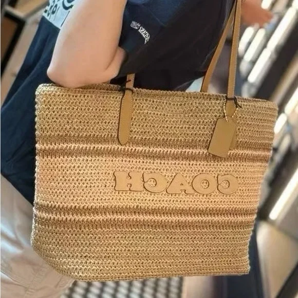 NWT COACH Straw and smooth leather City Tote Bag CBG87 Im/Honey Brown Multi - Picture 6 of 6